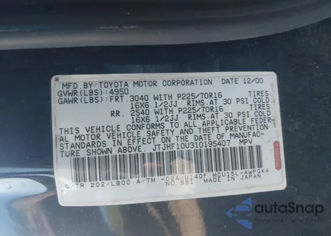 2001 Lexus Rx 300 from USA, damaged, VIN JTJHF10U310195407